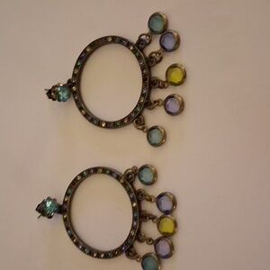Avon Colored Rhinestones On Bronze Drop Hoop Earrings